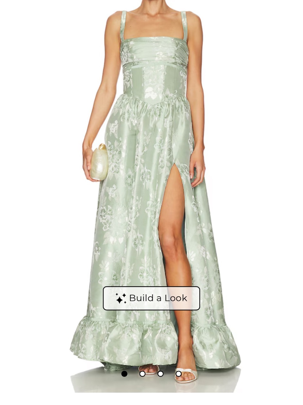V. Chapman Mint Green Floral Strap Evening Gown with Thigh Slit